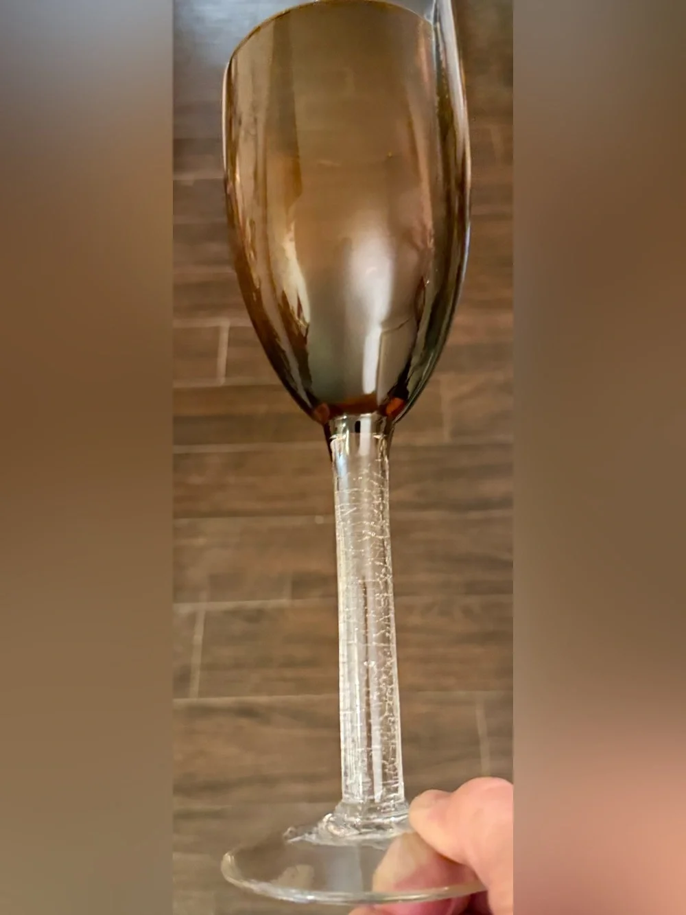 4 Pier 1 Smoke Brown Wine Glasses w/Clear Crackle Stem. 10oz